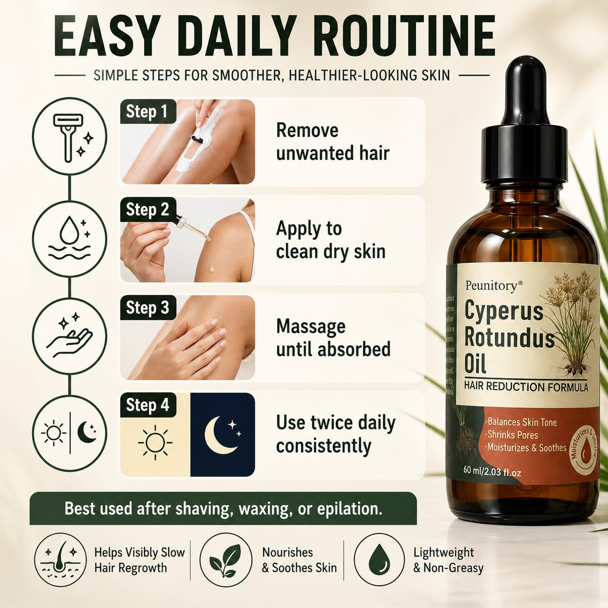 100% Pure Cyperus Rotundus Oil for Hair Removal, Natural Hair Growth Inhibitor for Face & Body, Helps Reduce Regrowth, Ingrown Hair, Razor Bumps & Strawberry Legs, Vegan, 2 Fl Oz