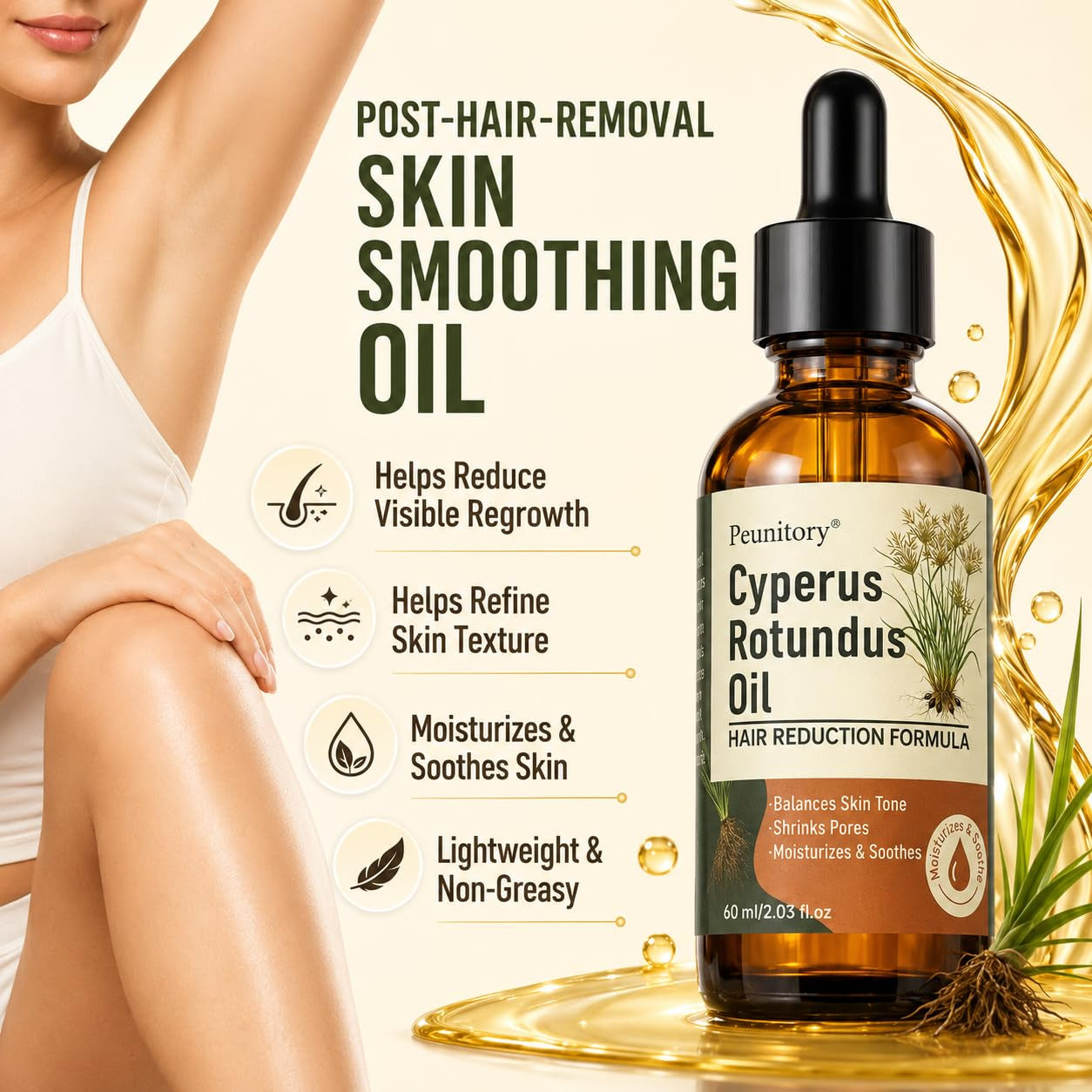 100% Pure Cyperus Rotundus Oil for Hair Removal, Natural Hair Growth Inhibitor for Face & Body, Helps Reduce Regrowth, Ingrown Hair, Razor Bumps & Strawberry Legs, Vegan, 2 Fl Oz