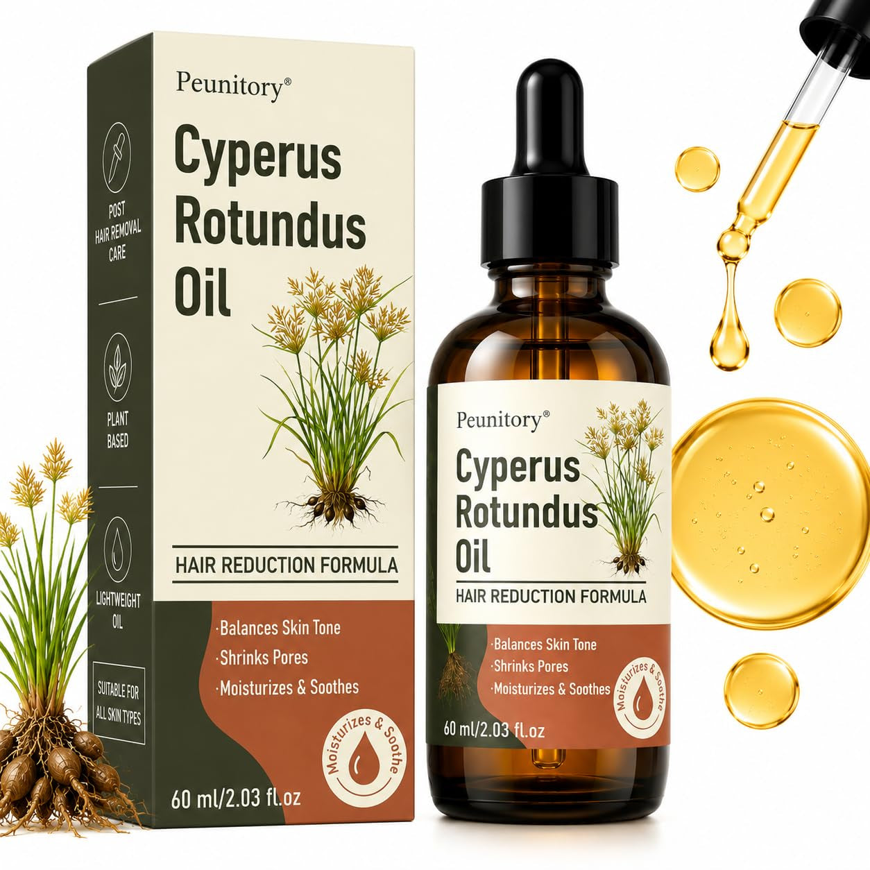 100% Pure Cyperus Rotundus Oil for Hair Removal, Natural Hair Growth Inhibitor for Face & Body, Helps Reduce Regrowth, Ingrown Hair, Razor Bumps & Strawberry Legs, Vegan, 2 Fl Oz
